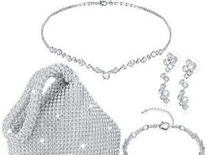 4 Pcs Silver Purse Jewelry Set for Women Rhinestone Wedding Bride Jewelry Prom Evening Party Accessories Silver Clutch Purse