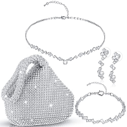 4 Pcs Silver Purse Jewelry Set for Women Rhinestone Wedding Bride Jewelry Prom Evening Party Accessories Silver Clutch Purse 4 Pcs Silver Purse Jewelry Set for Women Rhinestone Wedding Bride Jewelry Prom Evening Party Accessories Silver Clutch Purse