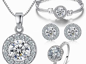 Shiny Cubic Zirconia Ring Zirconium Crystal Necklace for Women Cubic Zirconia Earrings Studs Adjustable Bracelets 18K White Gold-Plated Halo CZ Hypoallergenic Jewelry Set Pack of 4 for Wedding Mom Mother Anniversary