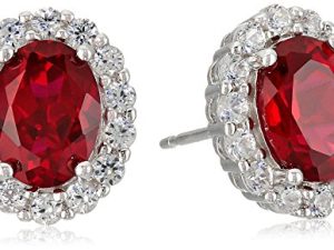 Amazon Collection Sterling Silver Created Ruby and White Sapphire Halo Oval Stud Earrings