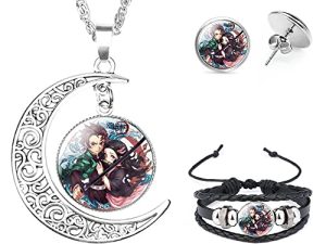 Aquasuki Nezuko Kamado Anime Jewelry Set Glass Dome Crescent Moon Pendant Charm Necklace， Earrings， Bracelet Jewelry Set Gifts for Women Girls