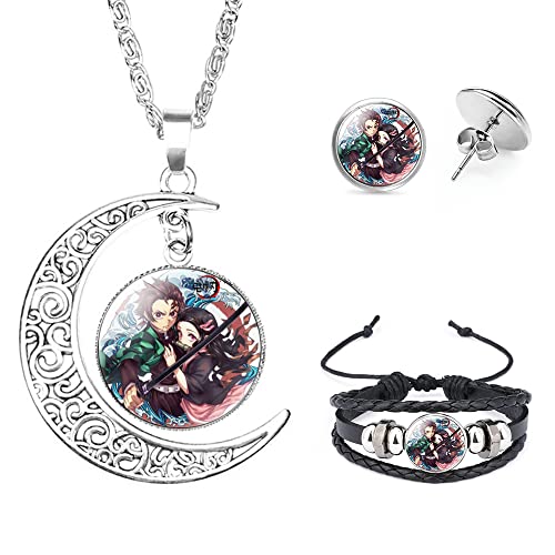 Aquasuki Nezuko Kamado Anime Jewelry Set Glass Dome Crescent Moon Pendant Charm Necklace, Earrings, Bracelet Jewelry Set Gifts for Women Girls Aquasuki Nezuko Kamado Anime Jewelry Set Glass Dome Crescent Moon Pendant Charm Necklace, Earrings, Bracelet Jewelry Set Gifts for Women Girls