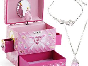 RR ROUND RICH DESIGN Kids Musical Jewelry Box for Girls with 3 Drawers and Jewelry Set with Cute Princess Theme - Beautiful Dreamer Tune Pink