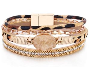 FANCY SHINY Leather Wrap Bracelet Boho Cuff Bracelets Crystal Bead Bracelet with Clasp Jewelry Gifts for Women Teen Girls