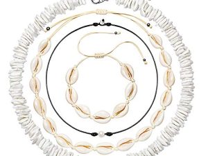 Puka Shell Necklace for Women Natural Pearl Choker Necklace Adjustable Seashell Necklace Cowrie Shell Bracelet Beach Boho Jewelry Set for Vsco Girls