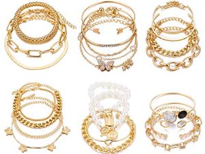 IFKM 6 PACK (24 PCS) Boho Gold Chain Bracelets Set for Women Girls