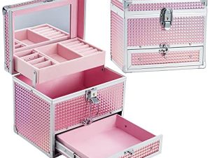 Hododou Jewelry Box for Girls Kids Organizer with Drawer & Tray Portable Travel Lockable with Mirror Handle Hair Accessories Storage Box - Shiny Pink