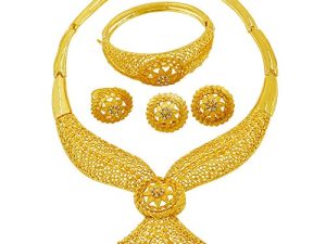 Gold Jewelry Set Dubai African Jewelry Sets for Women 24 K Hollow Golden Luxury Necklace Earrings Bracelet Ring Set for Lady Wife Mother
