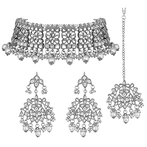 Aheli Elegant Indian Faux Kundan Studded Choker Necklace with Earrings Maang Tikka Set Traditional Ethnic Wedding Wear Fashion Jewelry Gift for Women Girls Aheli Elegant Indian Faux Kundan Studded Choker Necklace with Earrings Maang Tikka Set Traditional Ethnic Wedding Wear Fashion Jewelry Gift for Women Girls