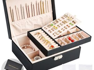 Sanikeon Jewelry Boxes for Women Girls 2 Layers Jewelry Organizer Box leather Jewelry Case with Lock Jewelry Storage Box Removable Tray for Necklace Earring Ring with Polishing Cloth and Jewelry Bags