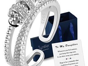 To My Daughter Fidget Ring With Spinner Beads S925 Silver Plated Anxiety Ring for Girls Women Adjustable Fidget Ring for Daughter/Granddaughter Gift with Message Card and Gift Box