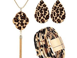 3 Pieces Leopard Earrings Bracelets Women Jewelry Bohemia Earrings Necklace Cheetah Set Multilayer Leather Cuff Boho for Girls Large Wrists Cosplay Party Costume Accessories