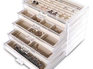Frebeauty Extra Large Acrylic Jewelry Box for Women 5 Layers Clear Jewelry Organizer Velvet Earring Box with 5 Drawers Rings Display Case Necklaces Holder Tray for Women Girls (Beige)