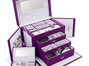 Purple Leather Locking Jewelry Box for Women- Elegant Velvet Jewelery Organise Storage Jewellery Organizer with Travel Case and Lock for Necklace Earrings Rings