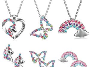 Girls Jewelry Set Including 3 Sets of Unicorn Butterfly Rainbow Necklaces and Stud Earrings Birthday Party Present for Women Sponge Filled Cardboard Jewelry Box with Lid
