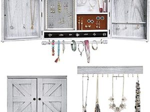Rustic Wall Mounted Jewelry Organizer with Wooden Barndoor Decor