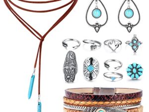 Sanfenly Bohemian Turquoise Jewelry Pendant Suede Long Choker Necklace Vintage Turquoise Statement Dangle Earrings Boho Leather Cuff Bracelet with Stackable Knuckle Rings Set for Women