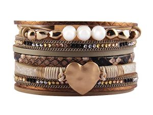 AZORA Leather Cuff Bracelet Multi Strands Beige Wrap Bangle with Pearl Boho Jewelry for Women Teen Girl Gift
