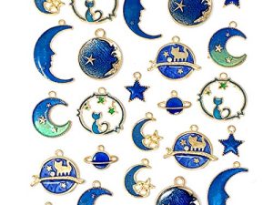 JIALEEY Assorted Gold Plated Enamel Cat Moon Star Celestial Charm Pendant DIY for Earrings Necklace Bracelet Jewelry Making and Crafting