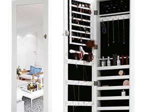 FDW Jewelry Cabinet 47.3" H Wall/Door Mounted Lockable Jewelry Armoire Organizer with Mirror With 2 Drawers 6 Shelves 43.3"×10.6" Mirror High Capacity Jewelry Organizer (White)