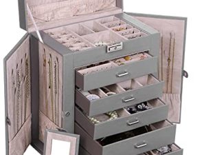 ANWBROAD Large Jewelry Box 6 Tier Jewelry Organizer Box Display Storage Case Holder with Lock Mirror Girls Jewelry Box for Earrings Rings Necklaces Bracelets Gift Faux Leather UJJB004H
