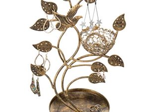 MyGift 14-Inch Bronze-Tone Tree & Bird Nest Earring Stand Jewelry Tower with Ring Trinket Organizing Tray