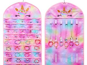 FIOBEE Girls Hanging Jewelry Organizer Holder Unicorn Jewelry Storage Display with Hanger for Kids Earrings Necklace Bracelet
