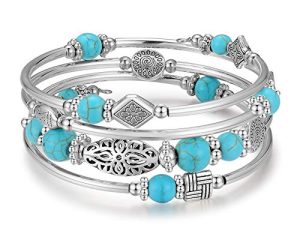 BULINLIN Layered Wrap Bangle Turquoise Bracelet - Bead Bracelet with Natural Agate Stone