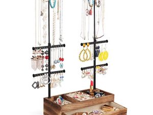 Miratino Jewelry Organizer Stand Double Rods & 6 Tiers Jewelry Holder Box with Rustic Wood Drawer Storage Base for Necklaces Bracelets Earrings Rings Display Carbonized Black
