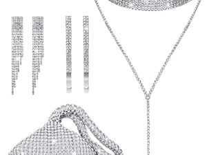 MTLEE 7 Pieces Women Rhinestone Jewelry Set Rhinestone Tassel Choker Necklace Bling Clutch Purses Stretch Bangle Bracelet Crystal Dangle Fringe Earrings Crystal hairpin for Evening Wedding Party