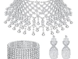 3 Pieces Women Crystal Jewelry Set Includes Bridal Wedding Rhinestone Choker Necklace Crystal Stackable Stretch Bracelets and Teardrop Long Tassels Dangle Earrings Accessories for Girls