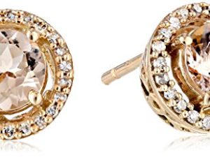 Amazon Collection 10K Rose Gold Morganite Round with Diamond Halo Stud Earrings (1/10 cttw)