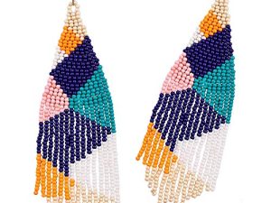 Long Beaded Tassel Earrings – Classic Plaid Fringe Drop Earrings