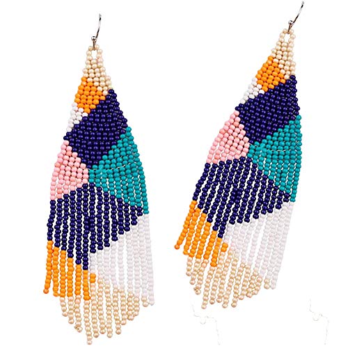 Long Beaded Tassel Earrings – Classic Plaid Fringe Drop Earrings Long Beaded Tassel Earrings – Classic Plaid Fringe Drop Earrings