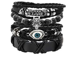 MILAKOO 4 Pcs Braided Leather Bracelet for Men Women Lava Rock Beads Bracelet 8mm…