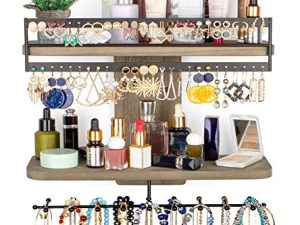 SOLIMINTR Jewelry Organizer Wall Mounted Skincare Product Organizer with Rod Rustic Wood Hanging Storage Shelves Rack Double-layer Holder Display for Necklaces Earrings Bracelet Ring Weathered Grey