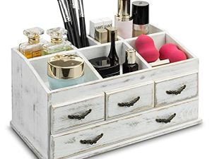 MyGift 7-Compartment Shabby Whitewashed Solid Wood Jewelry/Cosmetics Vanity Organizer Rack with 4 Vintage Storage Drawers