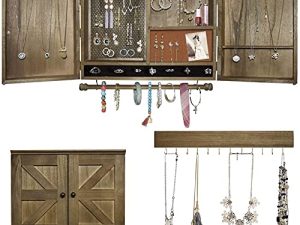 Rustic Wall Mounted Jewelry Organizer with Wooden Barndoor Decor