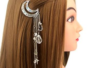 QTMY Moon Rhinestone Tassel with Crystal Beads Charms Hair Clip Pin Hair Chain Jewelry Hair Accessories (Silver)