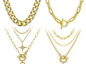 4PCS Gold Layered Chain Necklace Set for Women Girls