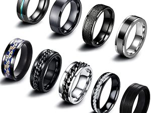 EIELO 9Pcs Stainless Steel Band Rings for Men Women Cool Fidget Spinning Chain Ring Anxiety Relief Fashion Simple Wedding Engagement Black Ring Set
