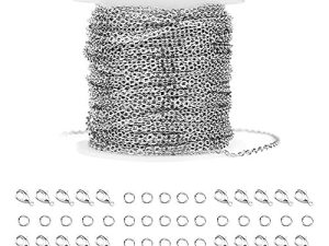 WXJ13 36 Feet Silver Stainless Steel Link Cable Chain with 20 Lobster Clasps and 30 Jump Rings for Men Women Jewelry Chain DIY Making