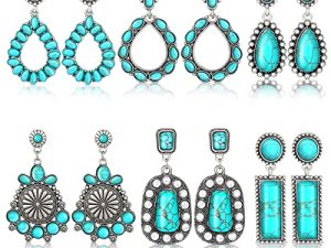 6 Pairs Turquoise Oval Earrings Turquoise Bohemian Dangle Boho Cowboy Leather Vintage Earrings Leather Wood Teardrop Dangle Earrings Boho Aztec Pattern Turquoise Earrings for Women Girls
