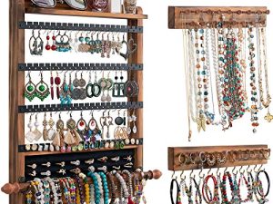 QILICHZ Jewelry Organizer Wall Mounted Wall Jewelry Organizer Set of 3 Wood Hanging Jewelry Organizer Rustic Jewelry Hanger for Jewelry Storage Display Gift (Brown+Black)