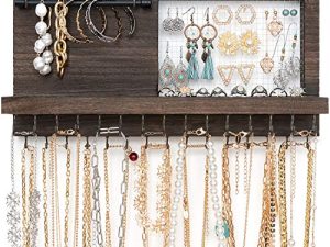 Mkono Rustic Wall Mounted Jewelry Organizer with Bracelet Rod and 30 Hooks Wood Hanging Jewellery Holder for Necklaces